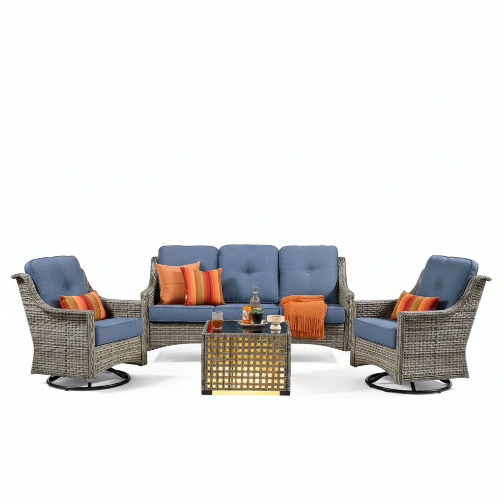 5-Piece Outdoor Patio Furniture Set | High-Back Rattan Wicker Sectional with Swivel Chairs & Solar Coffee Table – Denim Blue
