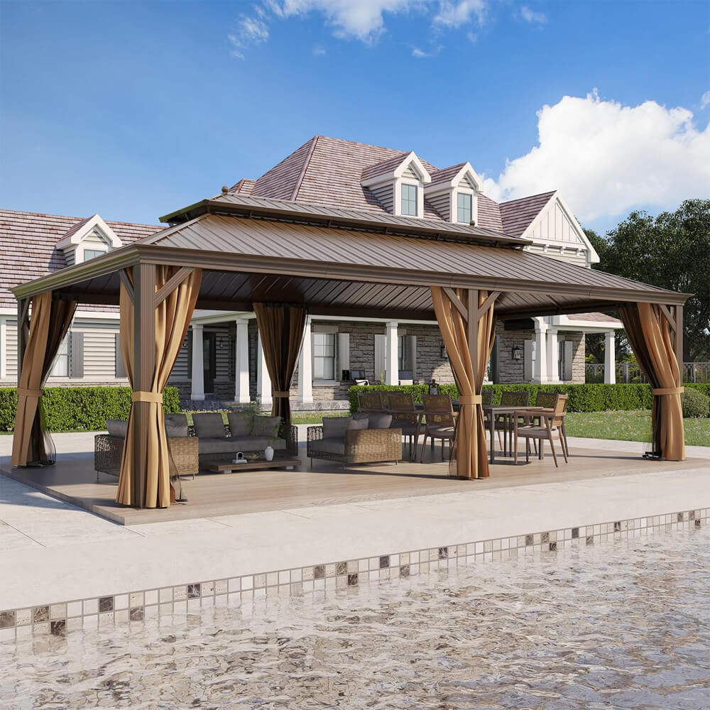 14x24 ft Hardtop Gazebo with Netting & Curtains – Double Roof Aluminum | Alora