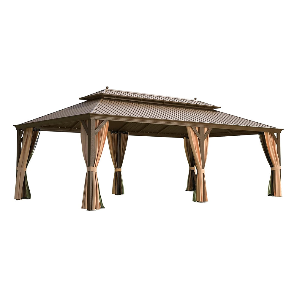 14x24 ft Hardtop Gazebo with Netting & Curtains – Double Roof Aluminum | Alora