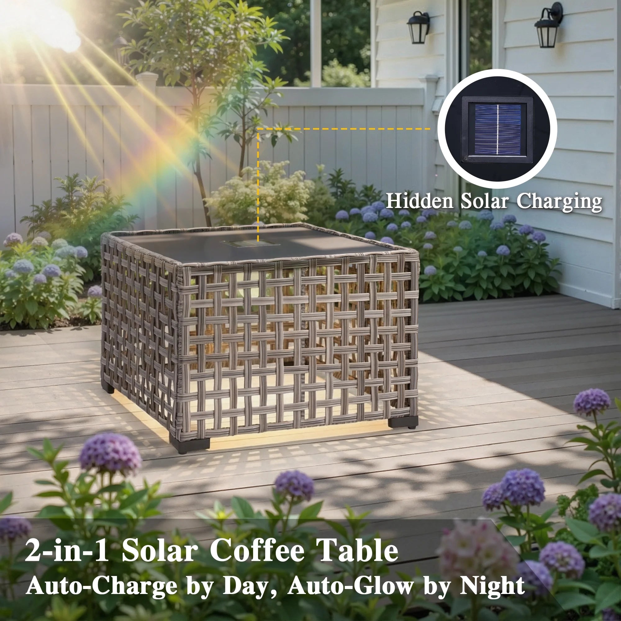 5 Pieces Outdoor Patio Furniture Set High-Back Rattan Wicker Conversation Set Outdoor Sectional with Swivel Chairs & Solar Light Coffee Table, Denim Blue