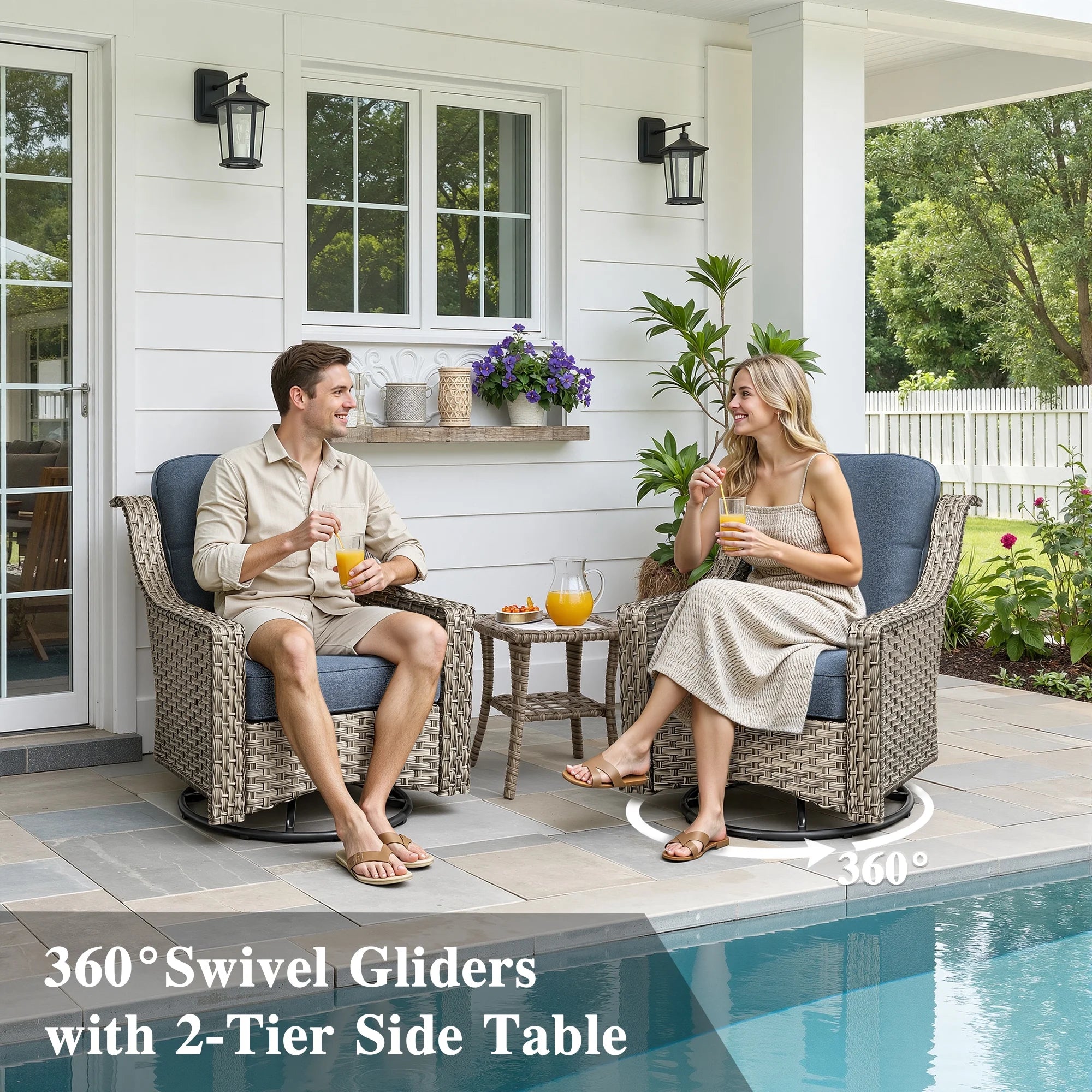 5 Pieces Outdoor Patio Furniture Set High-Back Rattan Wicker Conversation Set Outdoor Sectional with Swivel Chairs & Solar Light Coffee Table, Denim Blue