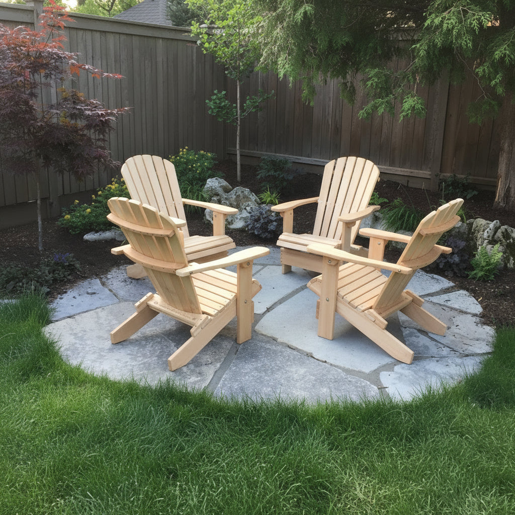 set of classic Adirondack chairs in backyard