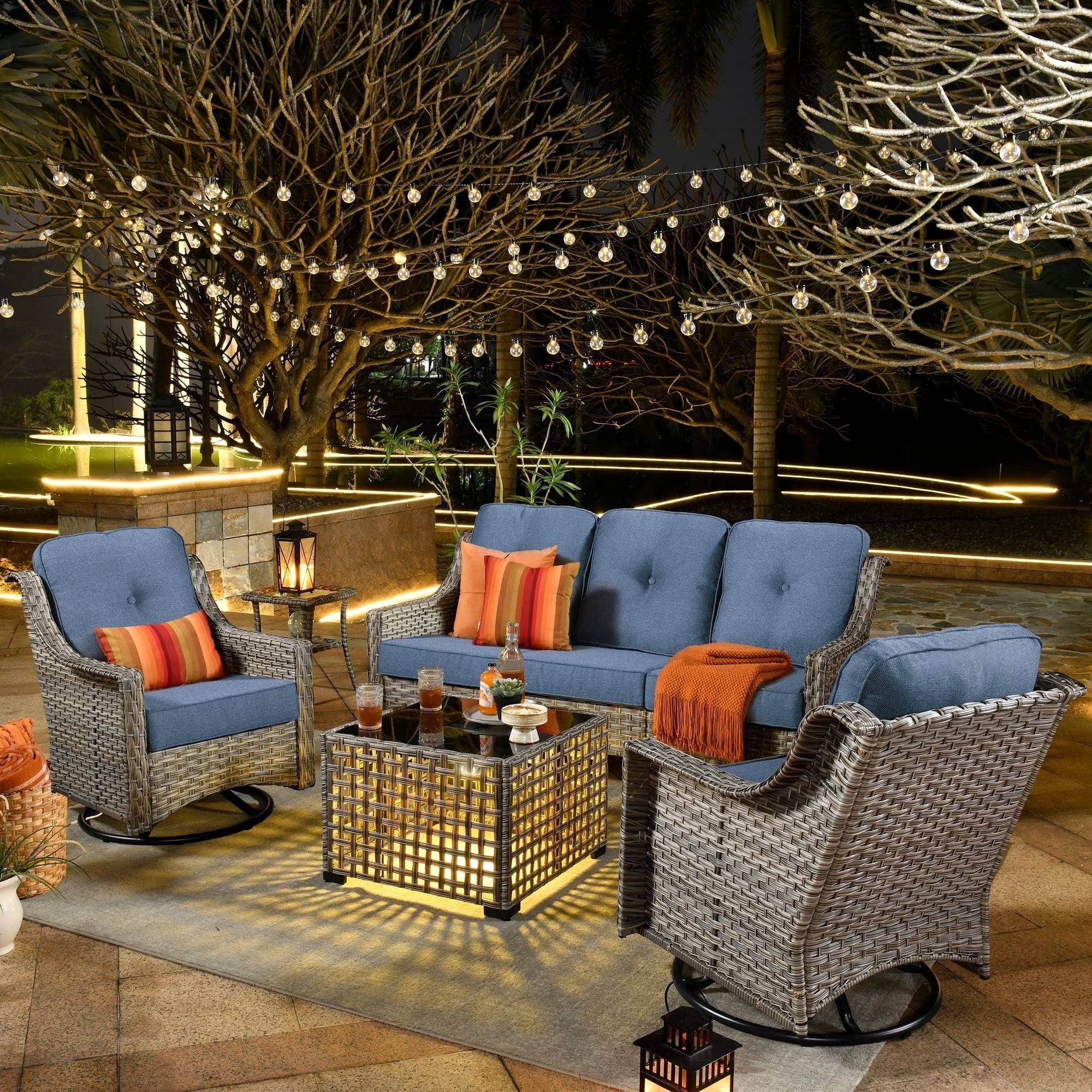 5 Pieces Outdoor Patio Furniture Set High-Back Rattan Wicker Conversation Set Outdoor Sectional with Swivel Chairs & Solar Light Coffee Table, Denim Blue