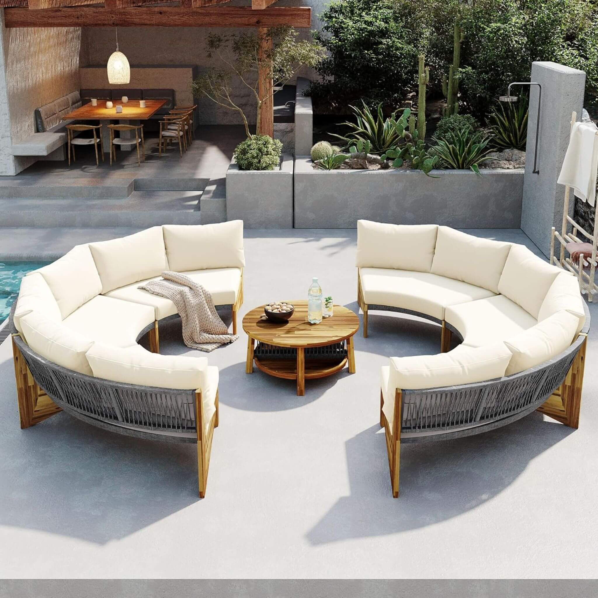 6-Person Half Moon Patio Sectional Set with Cushions & Table – Beige | Alora