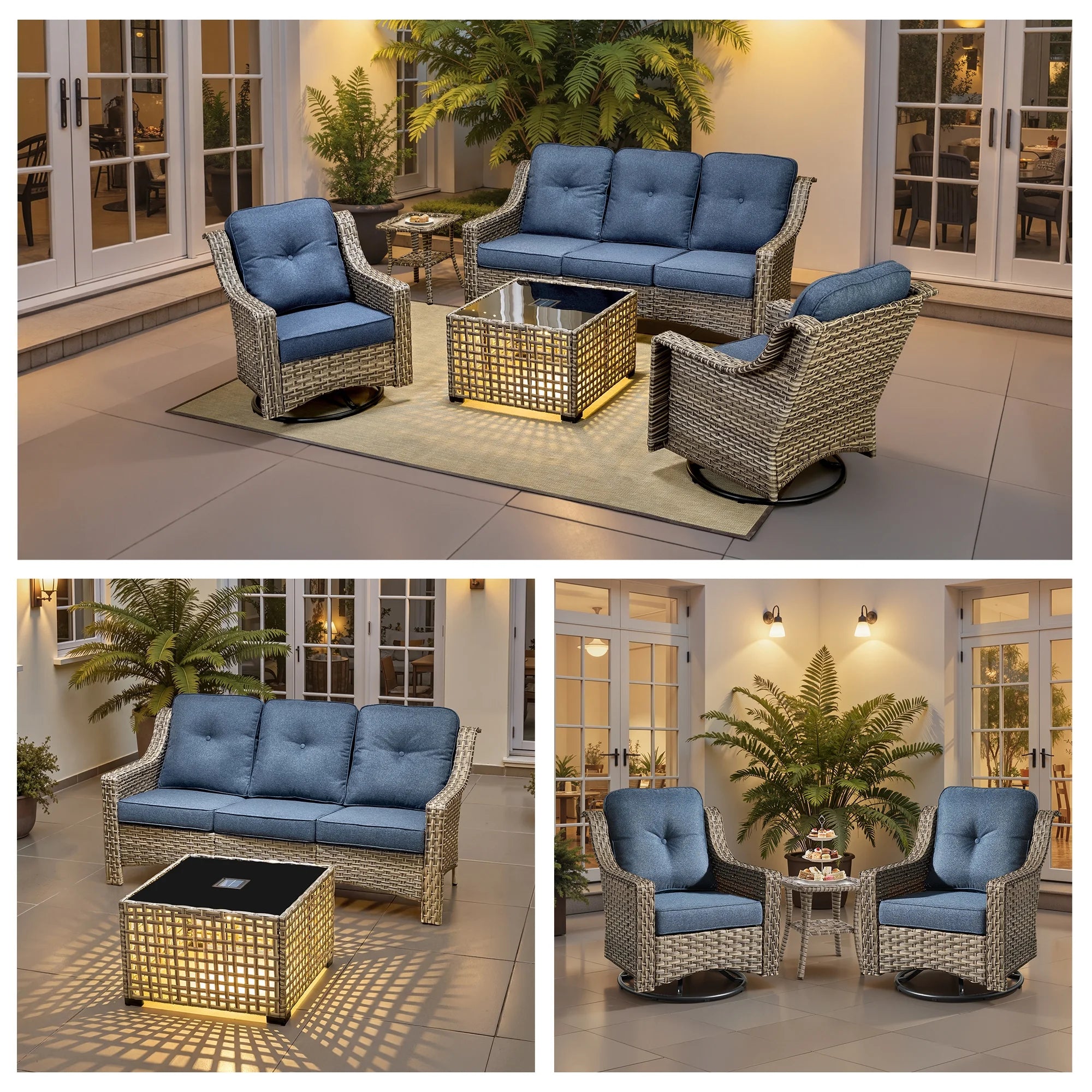 5 Pieces Outdoor Patio Furniture Set High-Back Rattan Wicker Conversation Set Outdoor Sectional with Swivel Chairs & Solar Light Coffee Table, Denim Blue