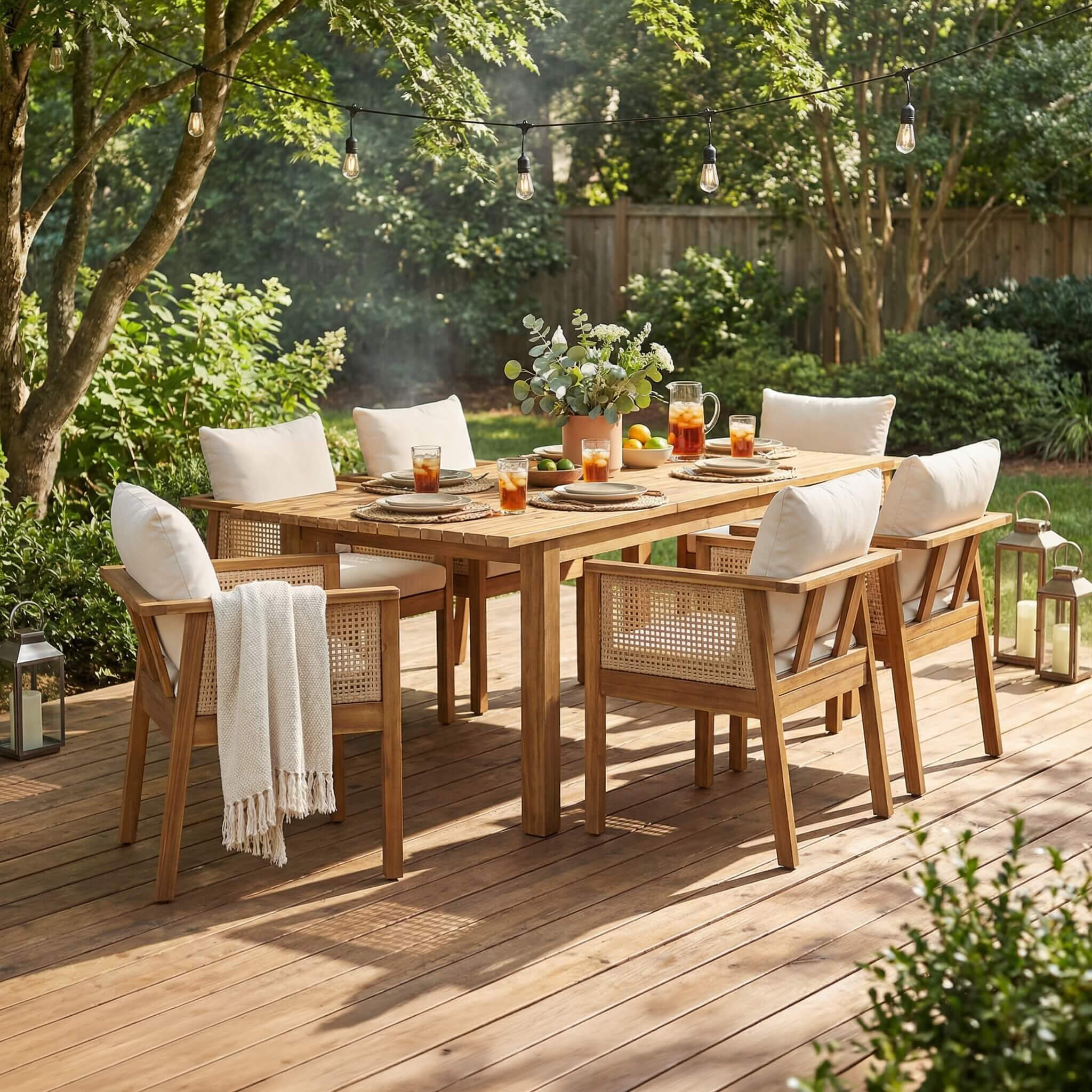 7-Piece Acacia Wood Outdoor Dining Set with Cushions & Extendable Table | Alora