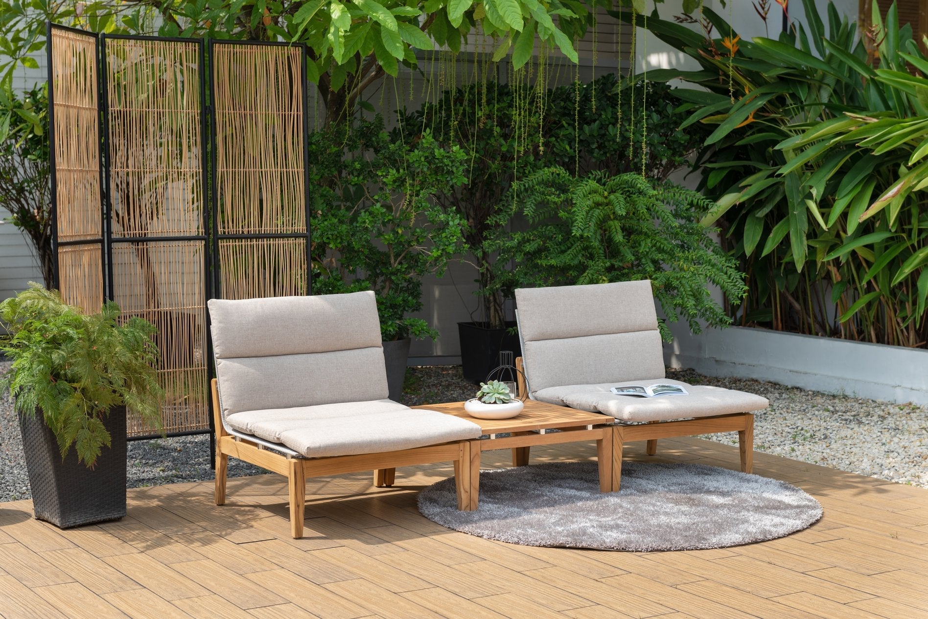 3-Piece Outdoor Bistro Chair Set with FSC Teak & Cushions – Light | Arno