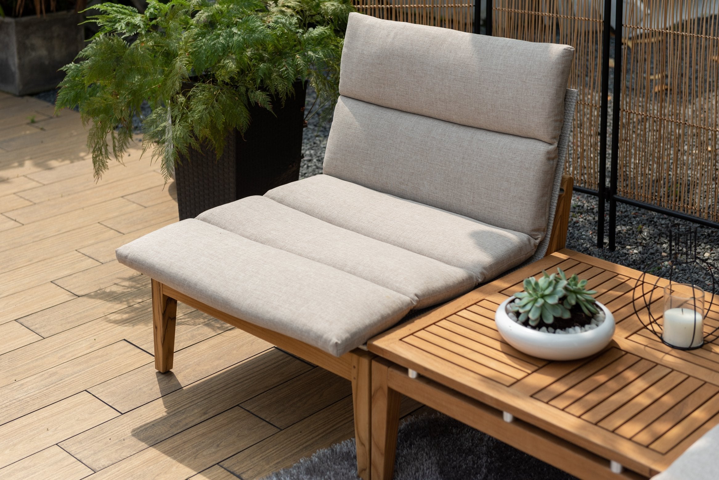 3-Piece Outdoor Bistro Chair Set with FSC Teak & Cushions – Light | Arno