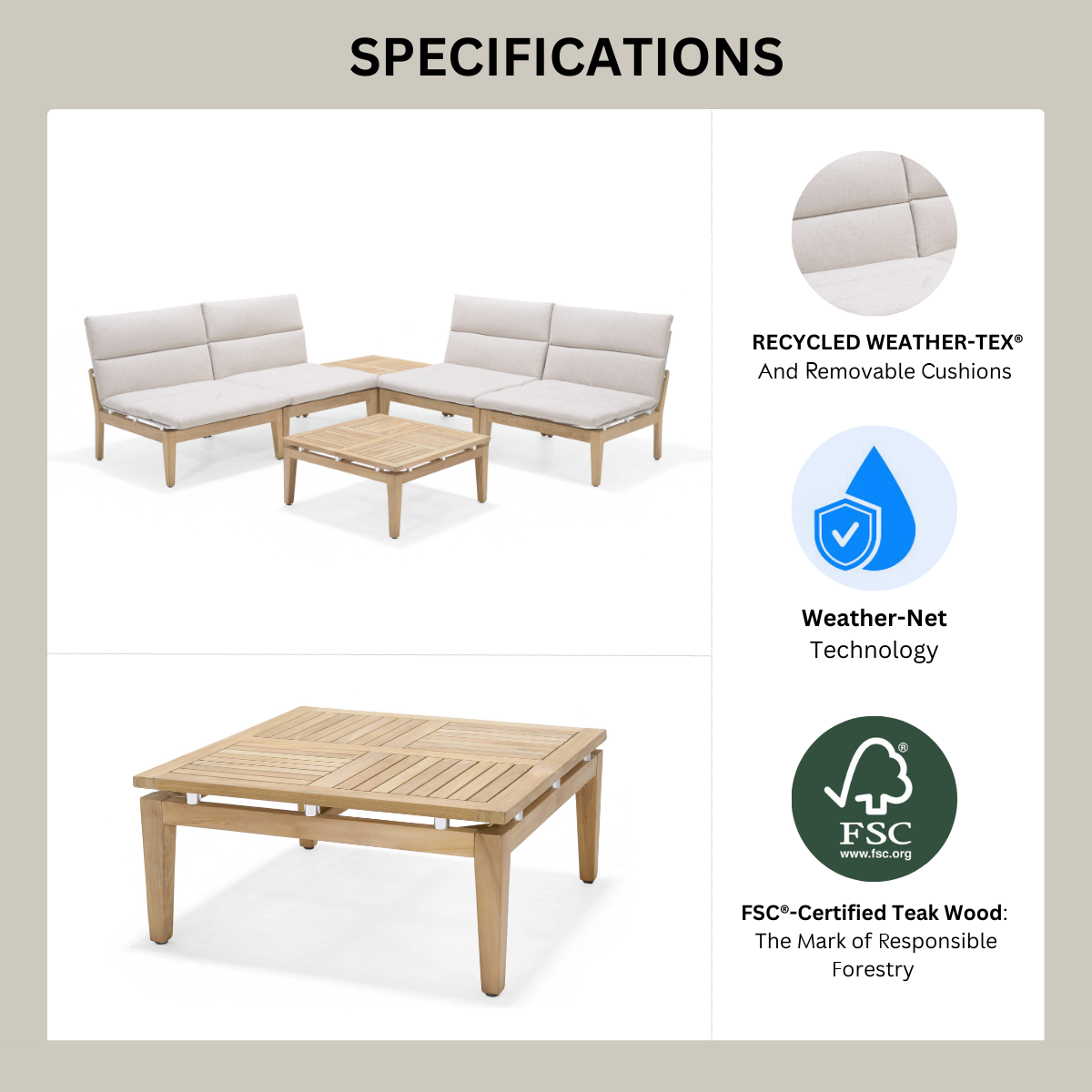 3-Piece Outdoor Bistro Chair Set with FSC Teak & Cushions – Light | Arno