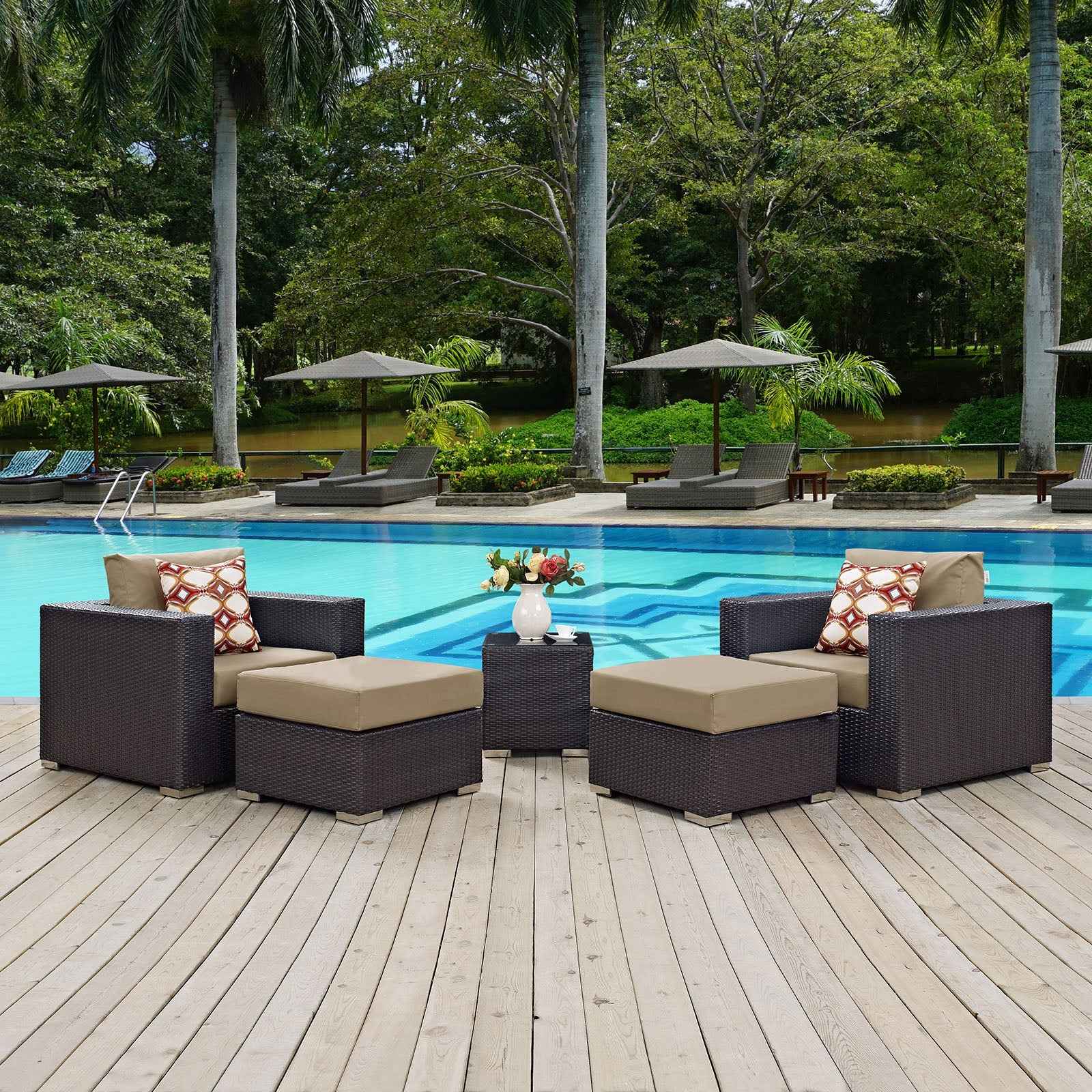 5-Piece Outdoor Sectional Set with Wicker & Cushions – Orange, Brown & Red | Modway Convene