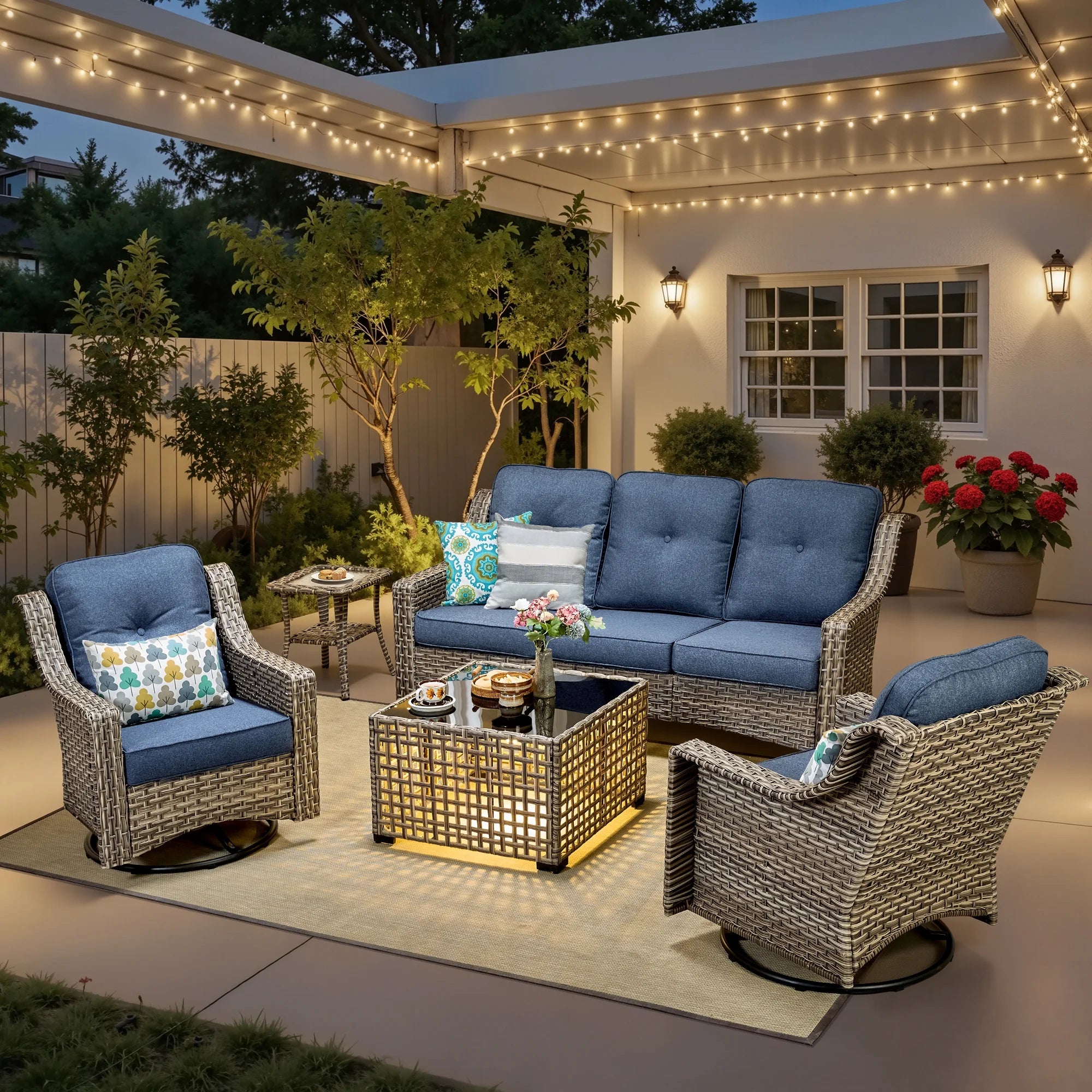 5 Pieces Outdoor Patio Furniture Set High-Back Rattan Wicker Conversation Set Outdoor Sectional with Swivel Chairs & Solar Light Coffee Table, Denim Blue