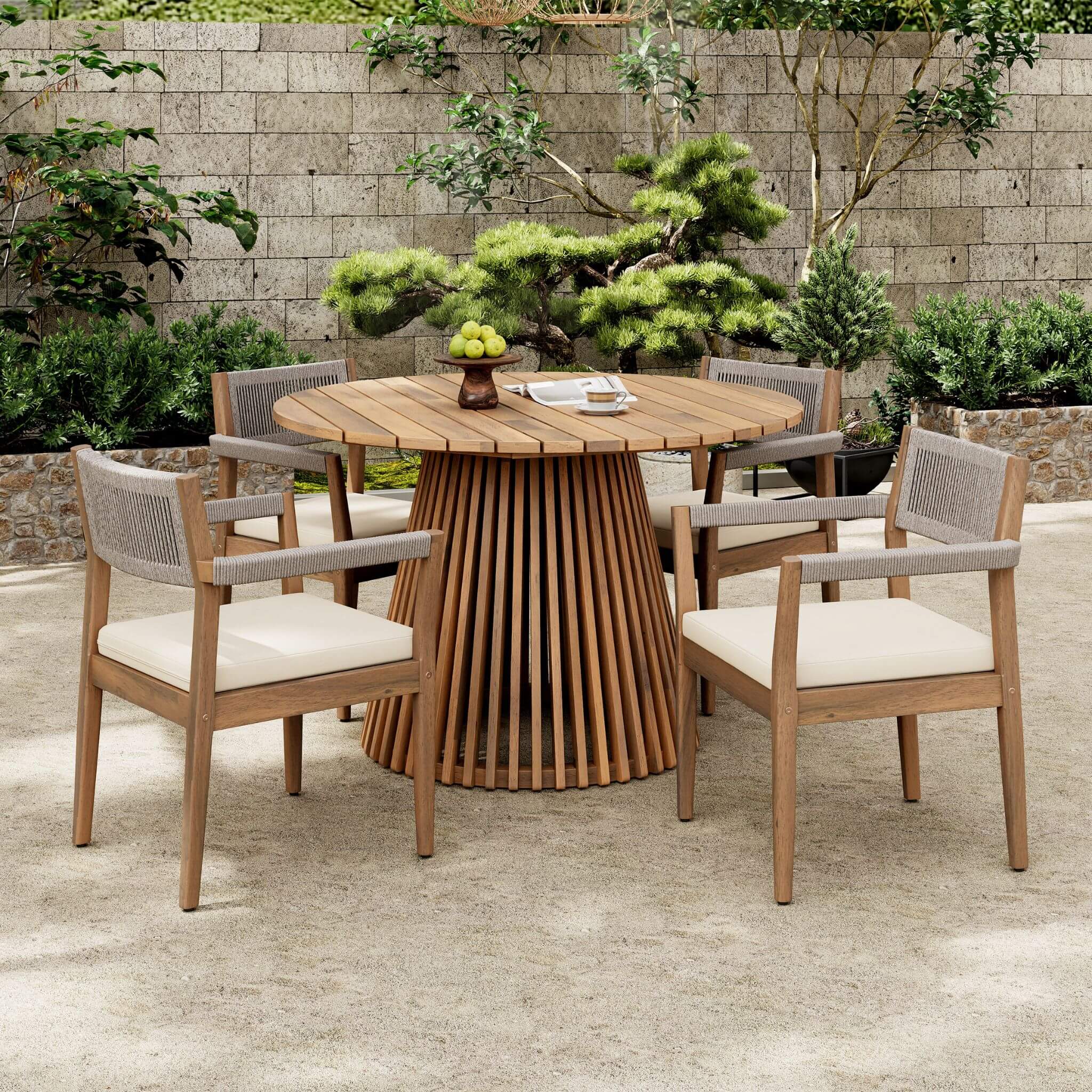 5-Piece Acacia Wood Outdoor Dining Set with Braided Chairs & Cushions | Alora