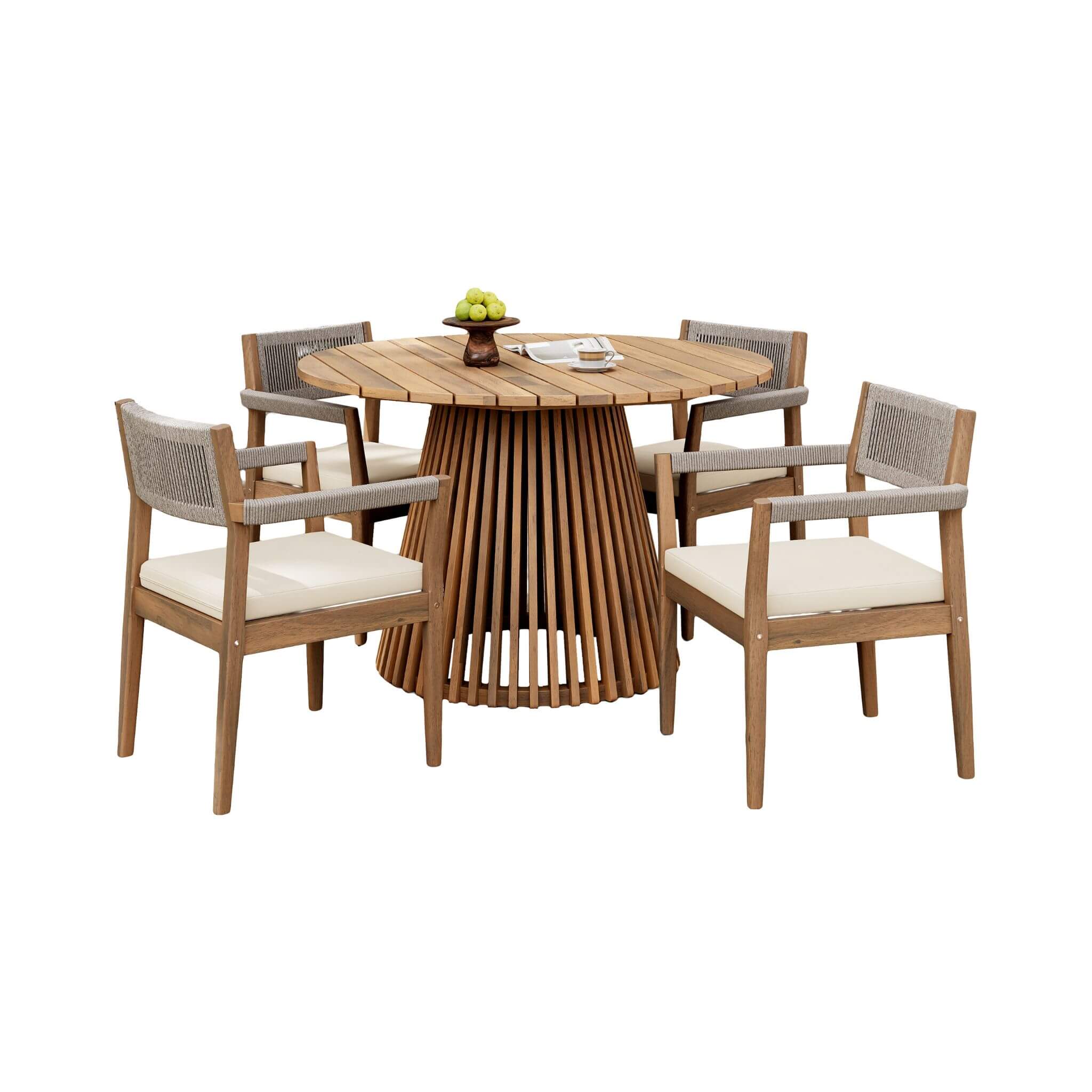 5-Piece Acacia Wood Outdoor Dining Set with Braided Chairs & Cushions | Alora