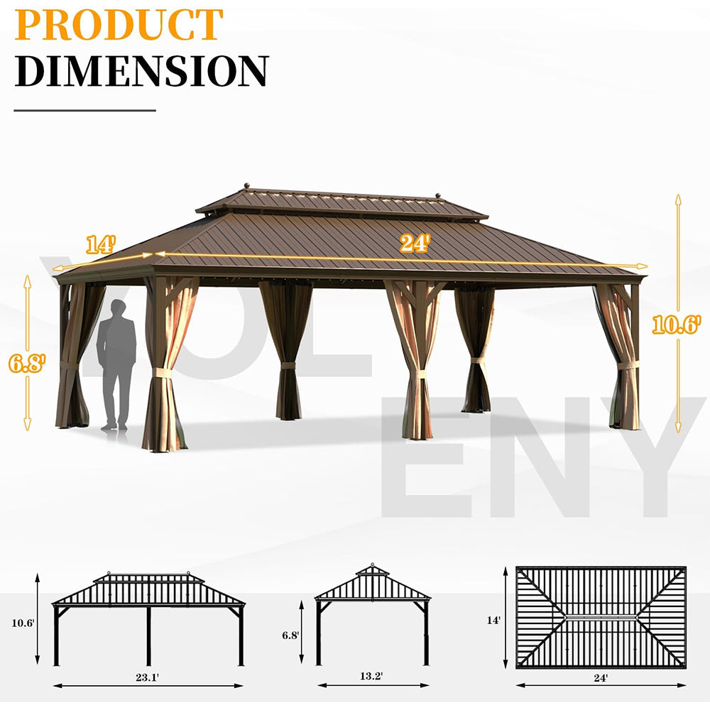 14x24 ft Hardtop Gazebo with Netting & Curtains – Double Roof Aluminum | Alora