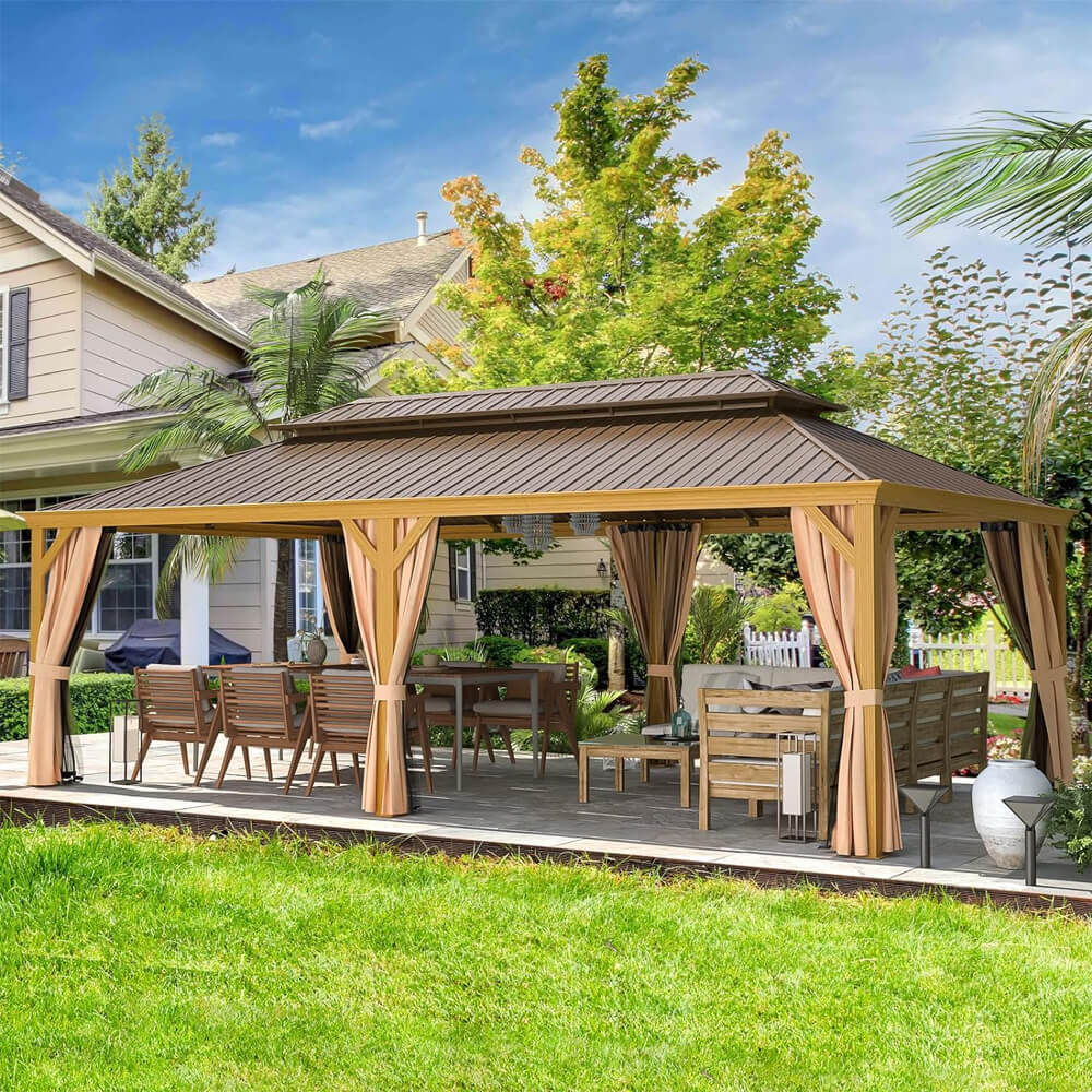 14x24 ft Hardtop Gazebo with Netting & Curtains – Double Roof Aluminum | Alora