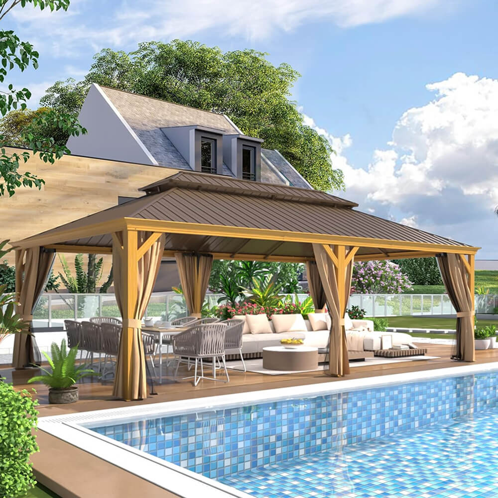 14x24 ft Hardtop Gazebo with Netting & Curtains – Double Roof Aluminum | Alora