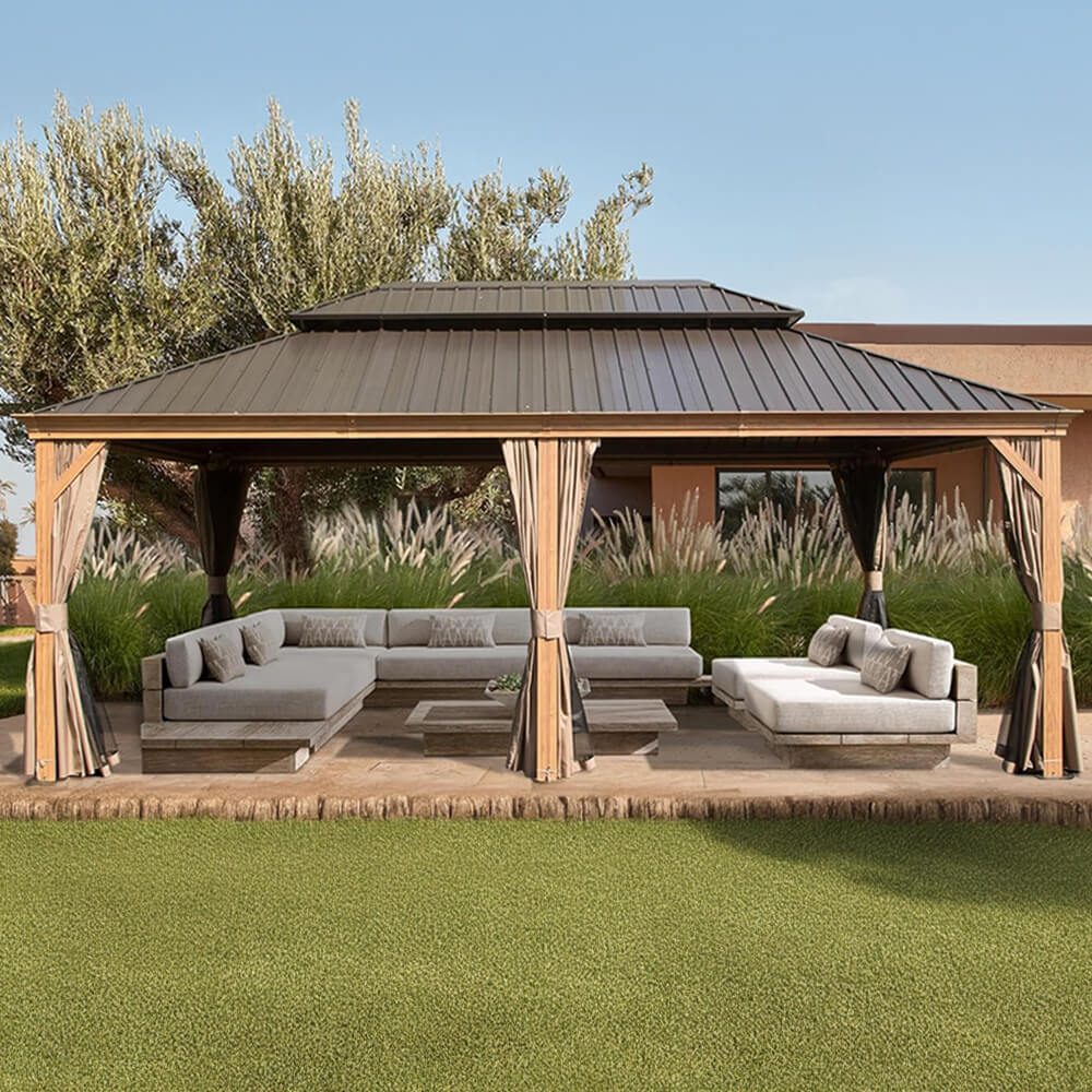 14x24 ft Hardtop Gazebo with Netting & Curtains – Double Roof Aluminum | Alora