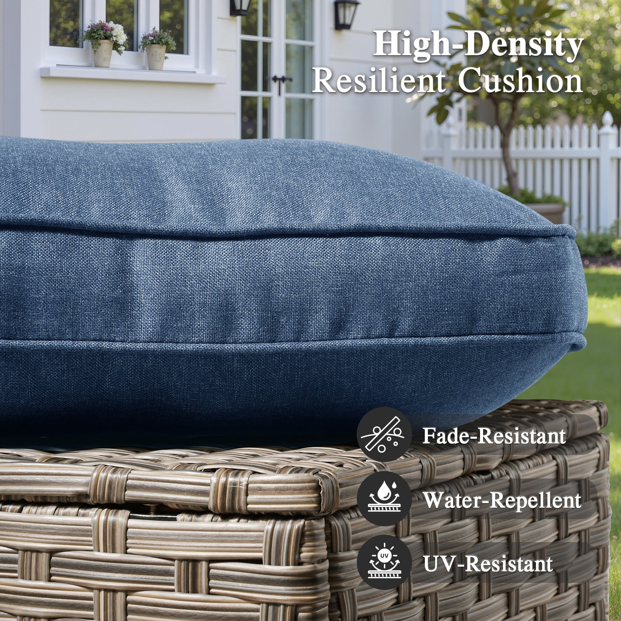 5 Pieces Outdoor Patio Furniture Set High-Back Rattan Wicker Conversation Set Outdoor Sectional with Swivel Chairs & Solar Light Coffee Table, Denim Blue