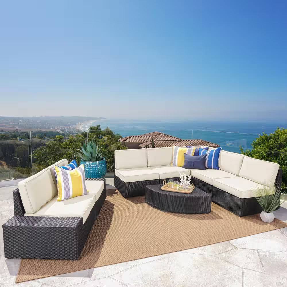 8-Piece Wicker Outdoor Patio Sectional Seating Set with White Cushions