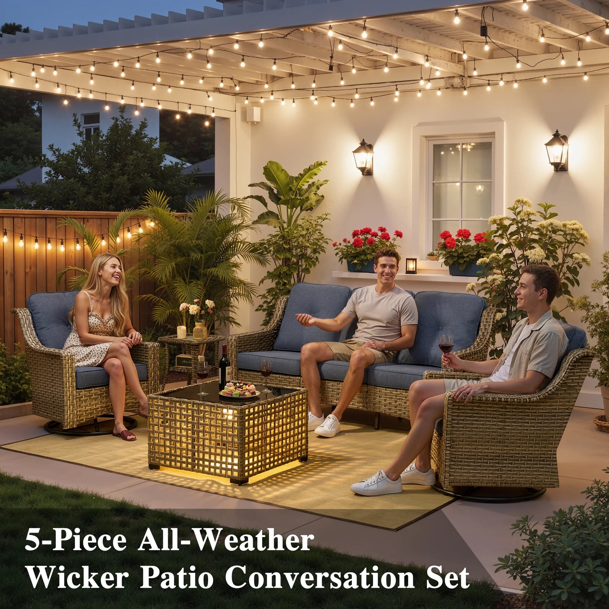 5 Pieces Outdoor Patio Furniture Set High-Back Rattan Wicker Conversation Set Outdoor Sectional with Swivel Chairs & Solar Light Coffee Table, Denim Blue