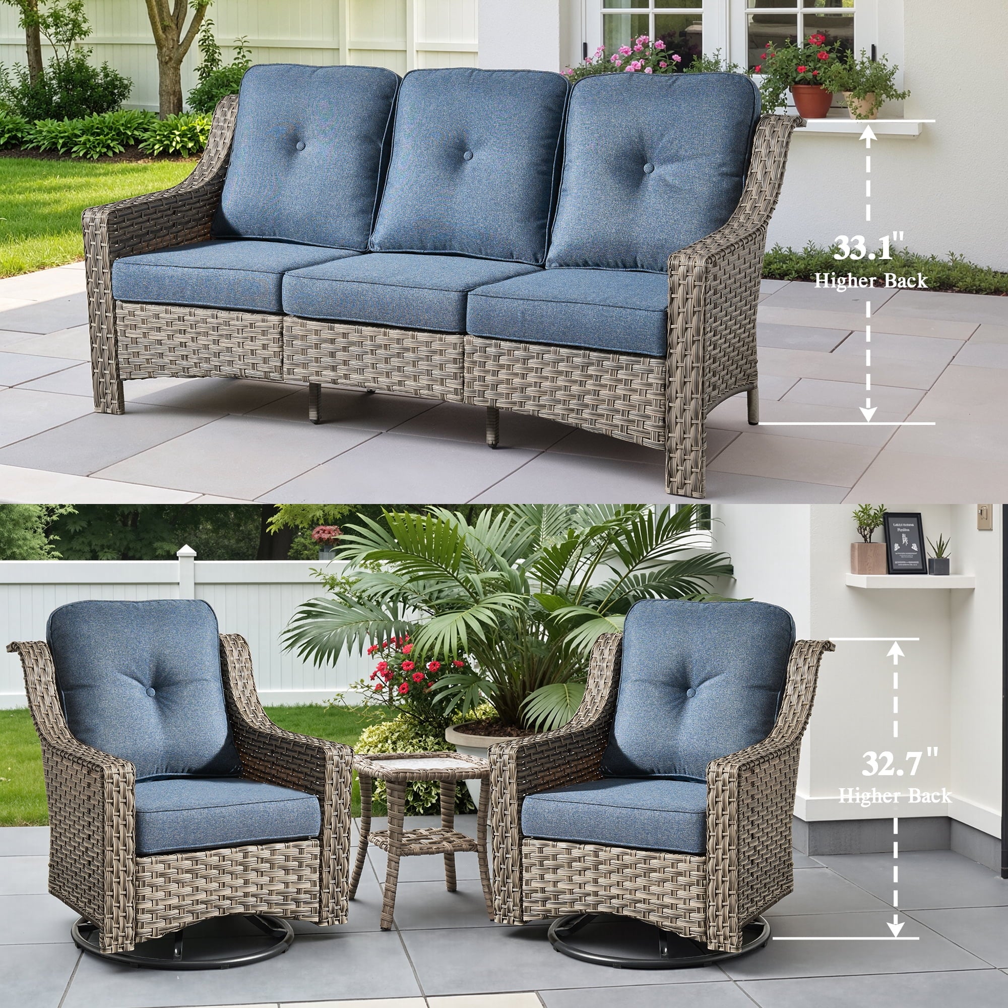 5 Pieces Outdoor Patio Furniture Set High-Back Rattan Wicker Conversation Set Outdoor Sectional with Swivel Chairs & Solar Light Coffee Table, Denim Blue
