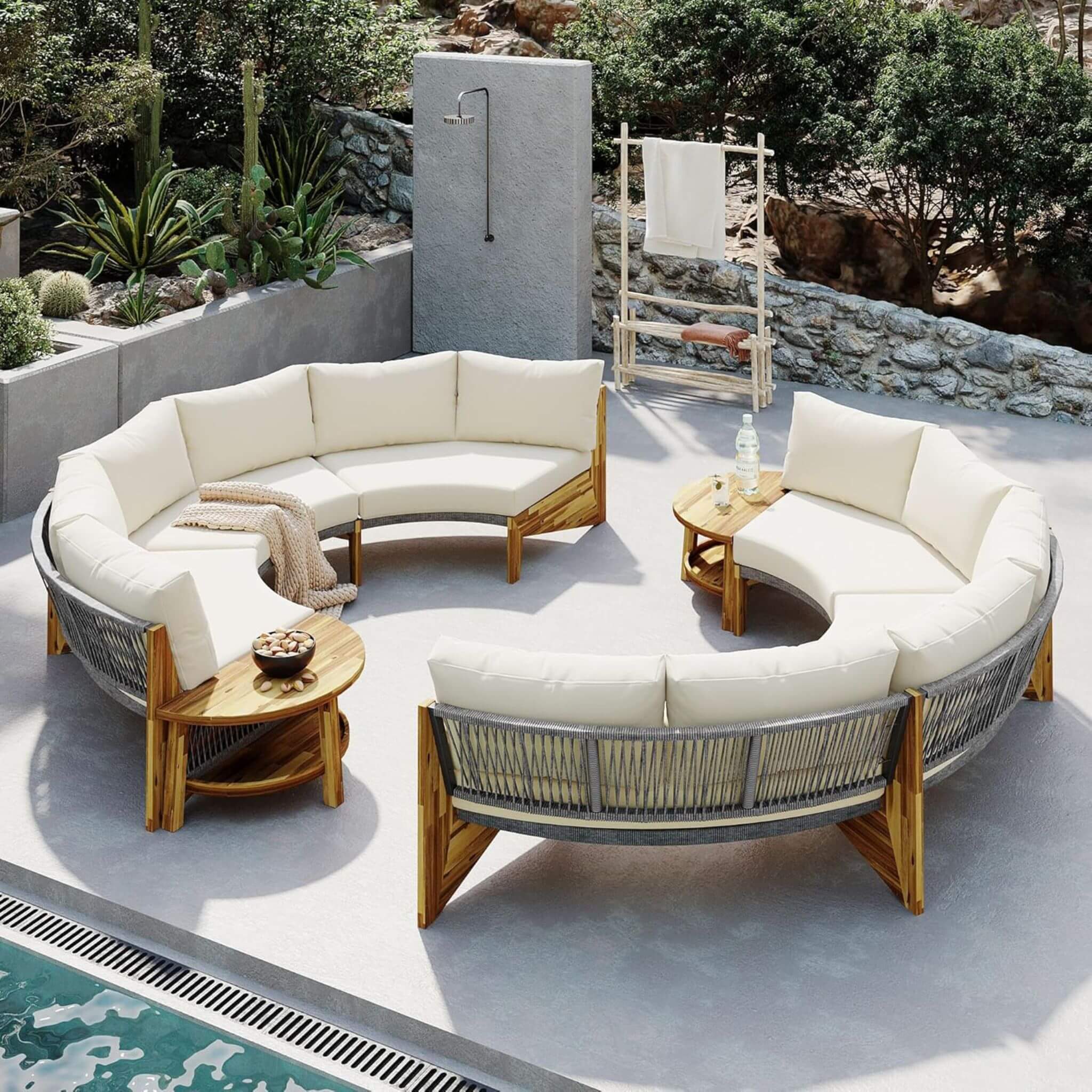6-Person Half Moon Patio Sectional Set with Cushions & Table – Beige | Alora
