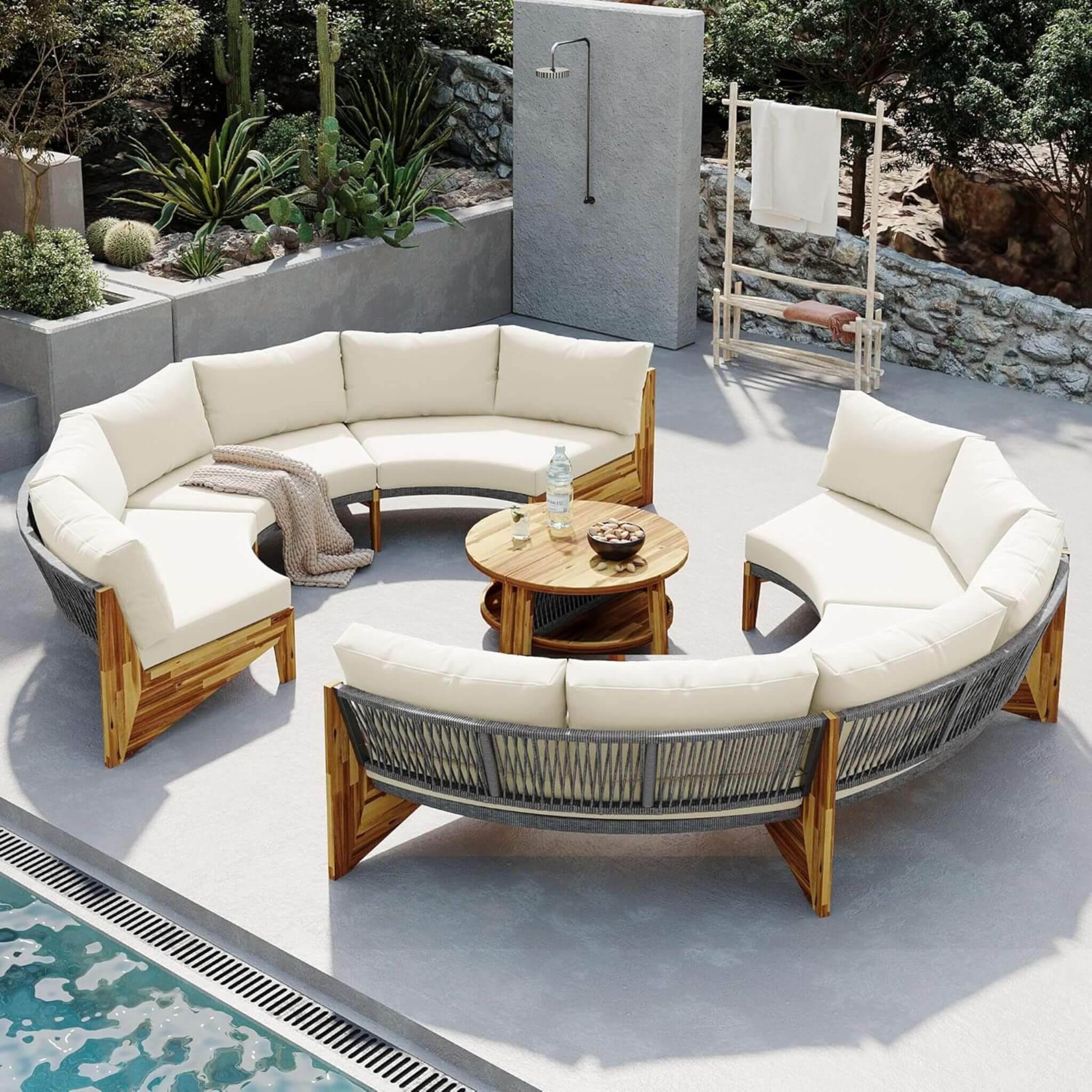 6-Person Half Moon Patio Sectional Set with Cushions & Table – Beige | Alora