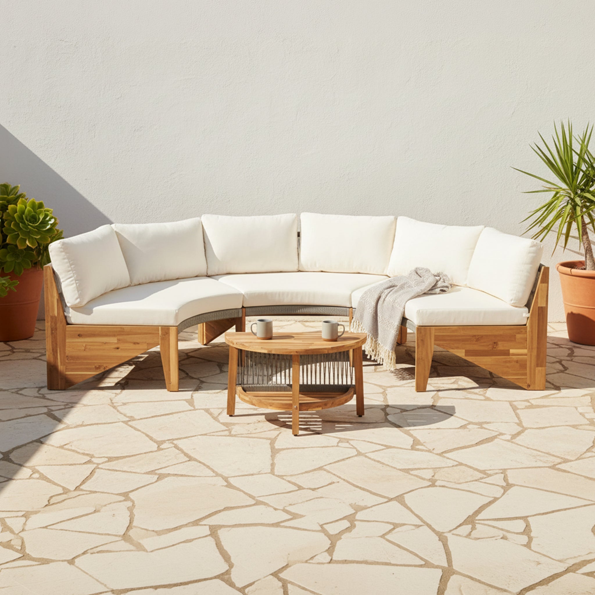 6-Person Half Moon Patio Sectional Set with Cushions & Table – Beige | Alora