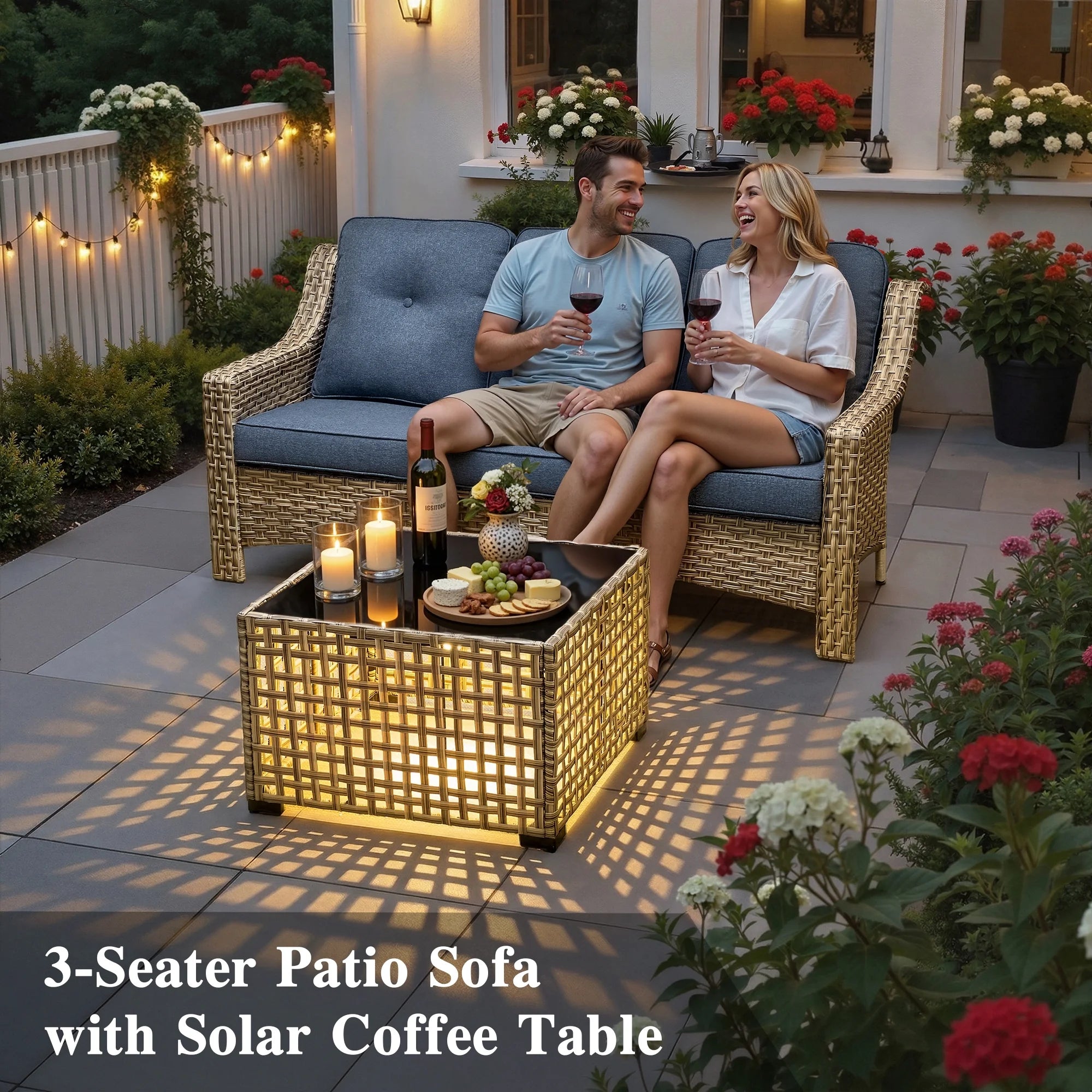 5 Pieces Outdoor Patio Furniture Set High-Back Rattan Wicker Conversation Set Outdoor Sectional with Swivel Chairs & Solar Light Coffee Table, Denim Blue