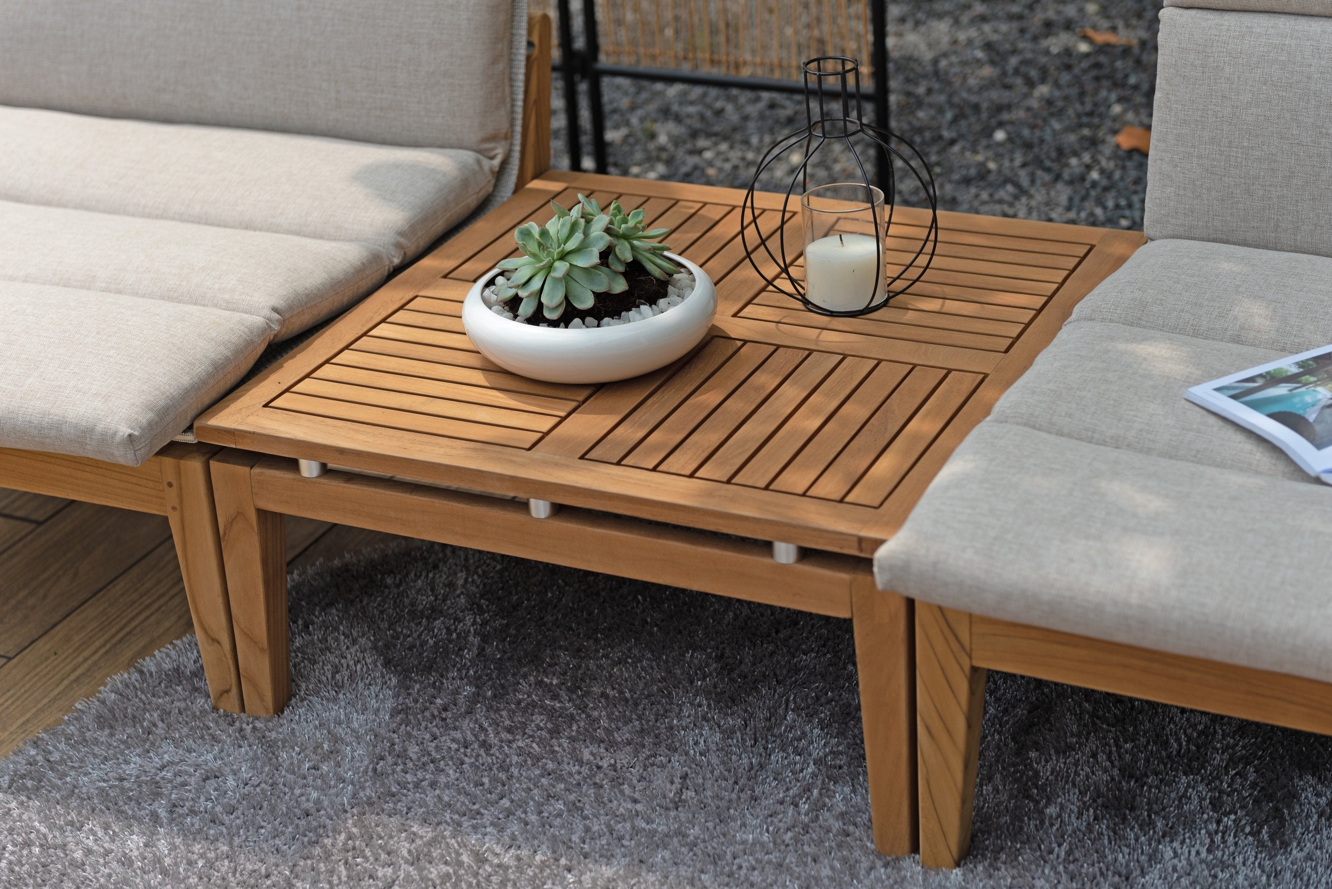 3-Piece Outdoor Bistro Chair Set with FSC Teak & Cushions – Light | Arno