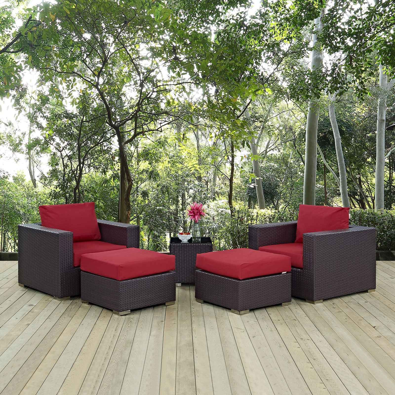 5-Piece Outdoor Sectional Set with Wicker & Cushions – Orange, Brown & Red | Modway Convene