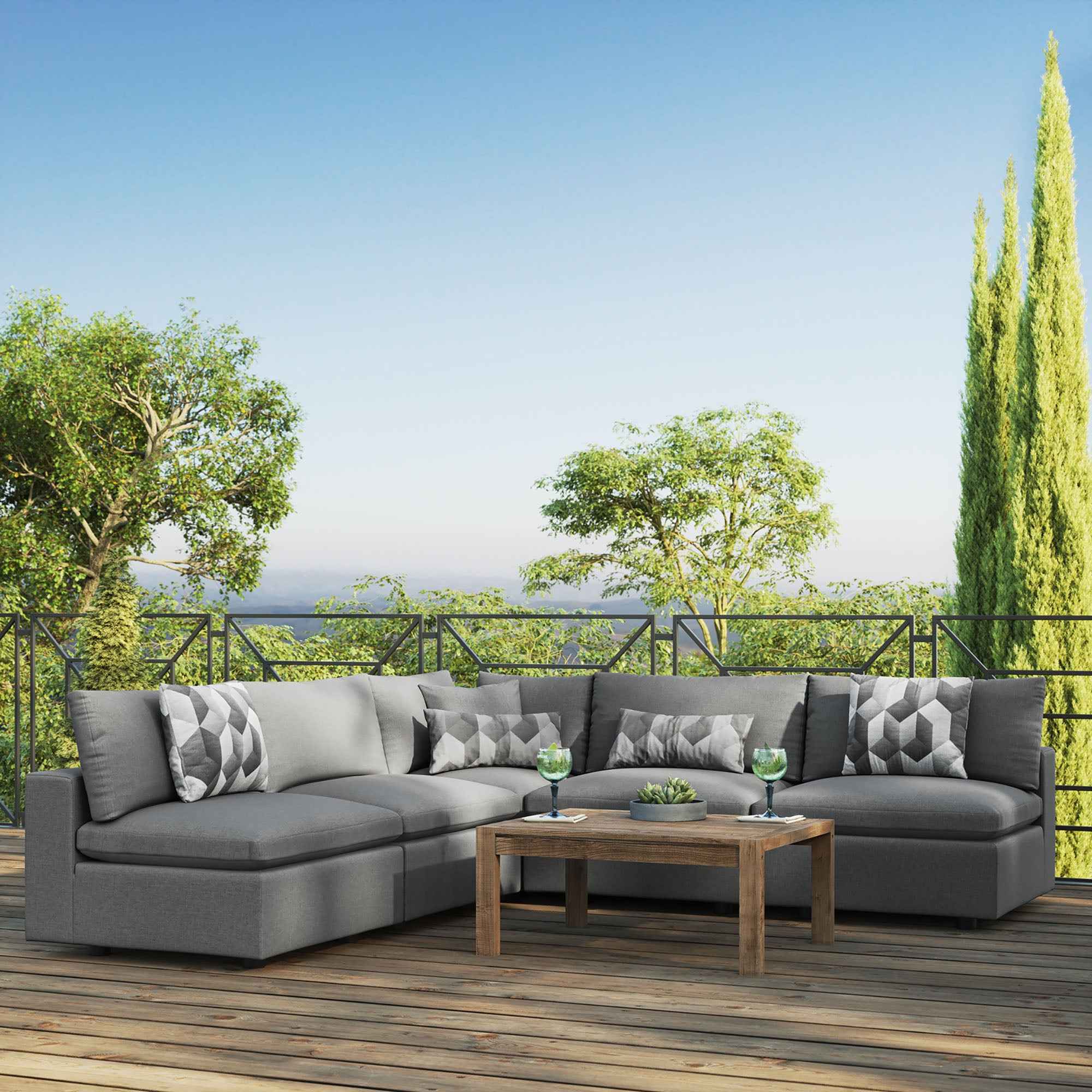 5-Piece Outdoor Sectional Sofa Set with Cushions – Charcoal & White | Modway