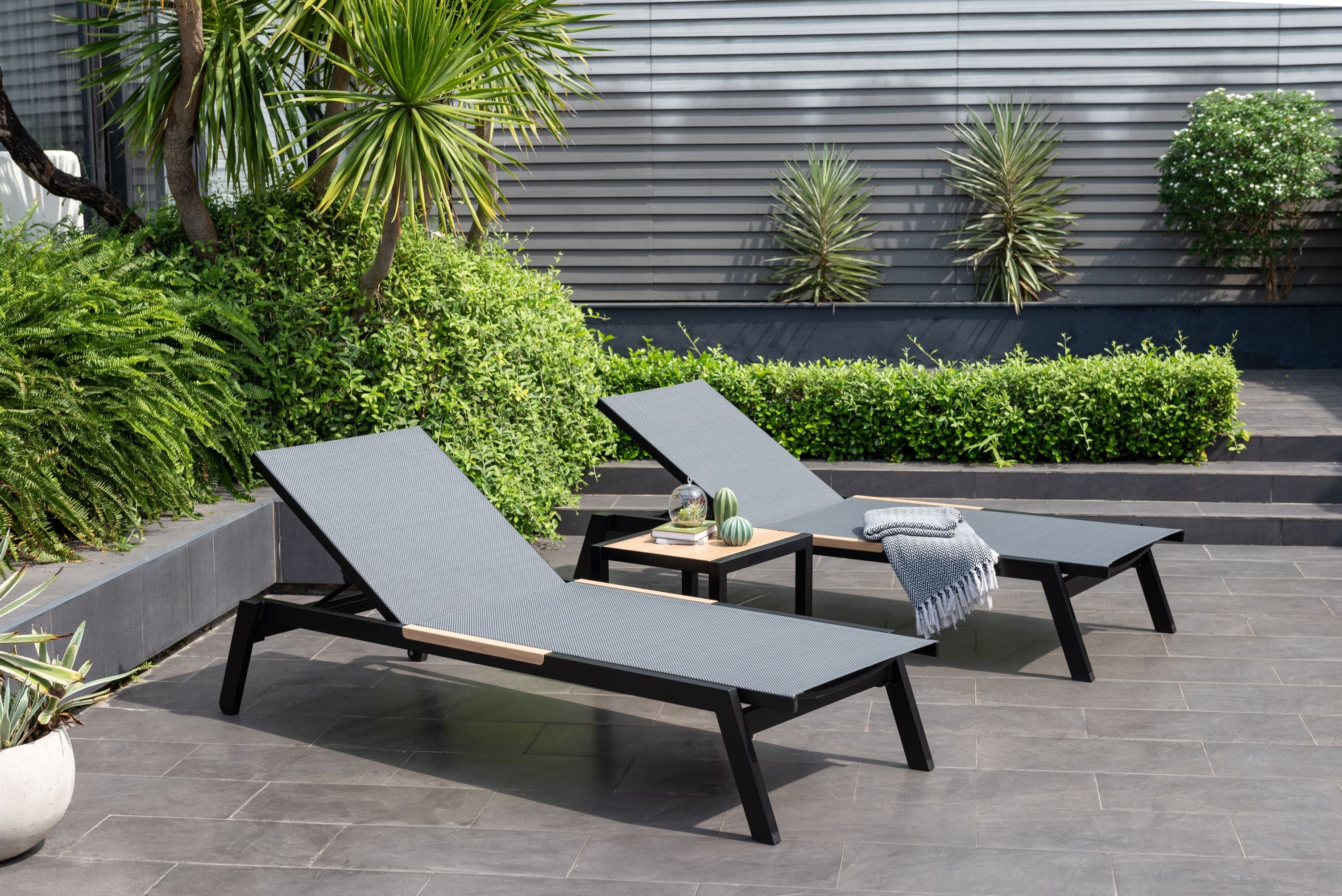 Panama Dark Outdoor Coffee Table Set with Sun Loungers – 3-Piece