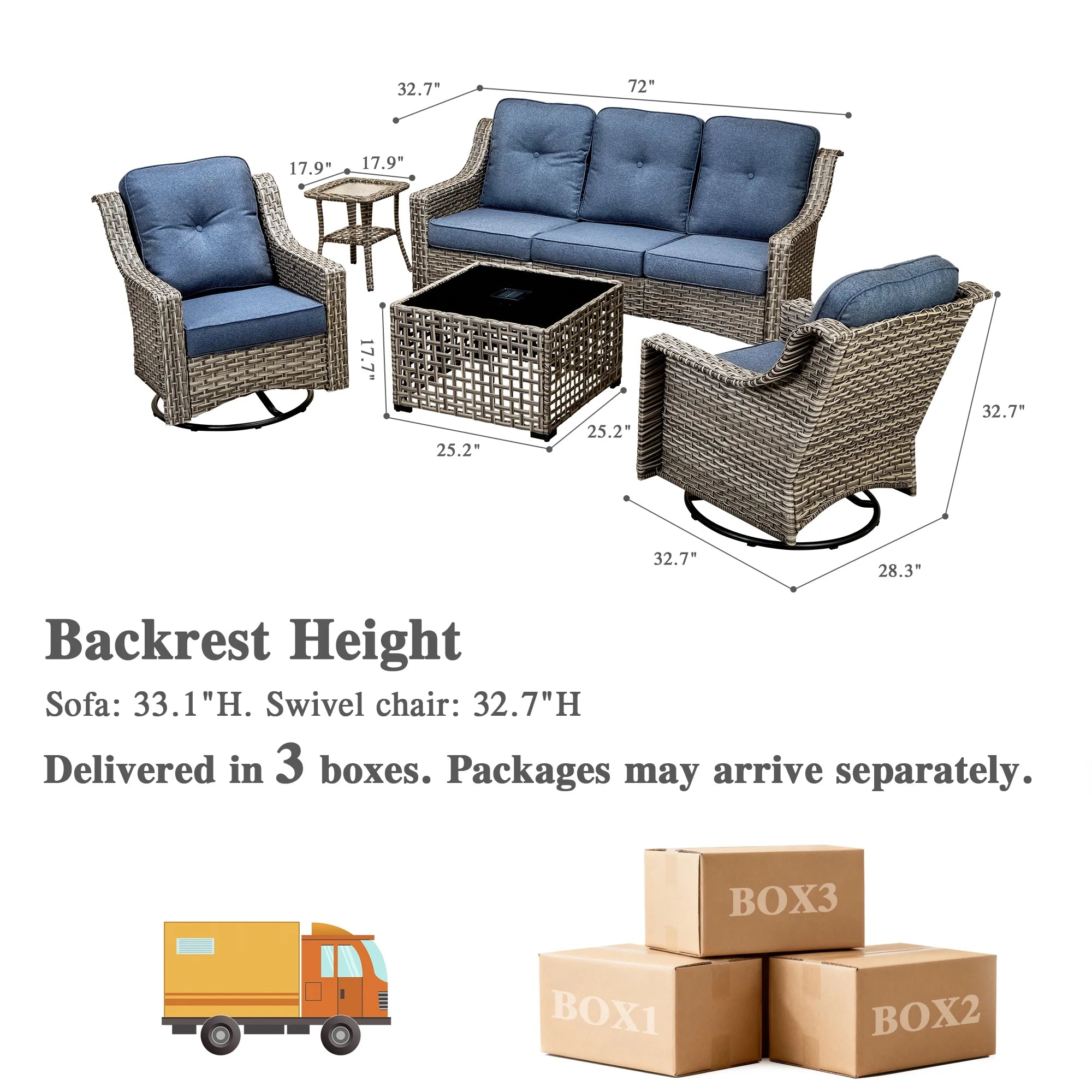 5 Pieces Outdoor Patio Furniture Set High-Back Rattan Wicker Conversation Set Outdoor Sectional with Swivel Chairs & Solar Light Coffee Table, Denim Blue