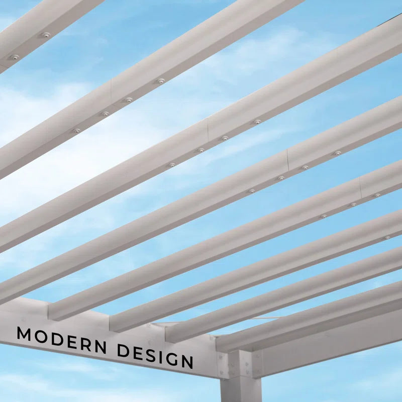 Windham 14' X 10' Modern Galvanized Steel Outdoor Patio Pergola Kit with Shade Sail Canopy and Powerport