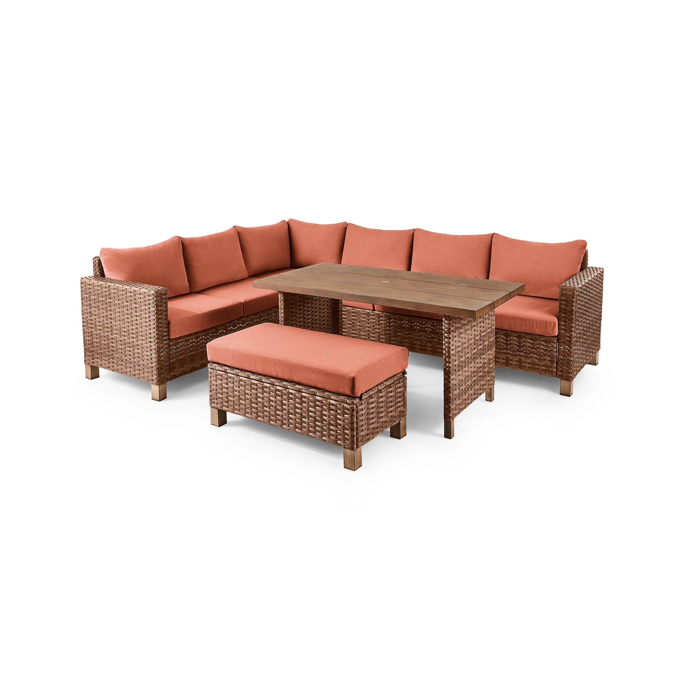 Brookbury 4-Piece Outdoor Wicker Patio Sectional Dining Set, Terracotta Cushions