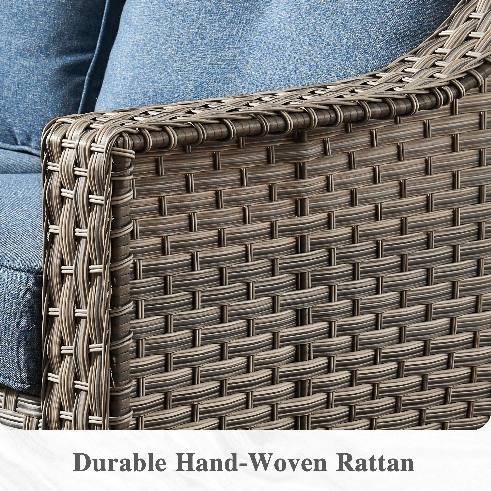 5 Pieces Outdoor Patio Furniture Set High-Back Rattan Wicker Conversation Set Outdoor Sectional with Swivel Chairs & Solar Light Coffee Table, Denim Blue