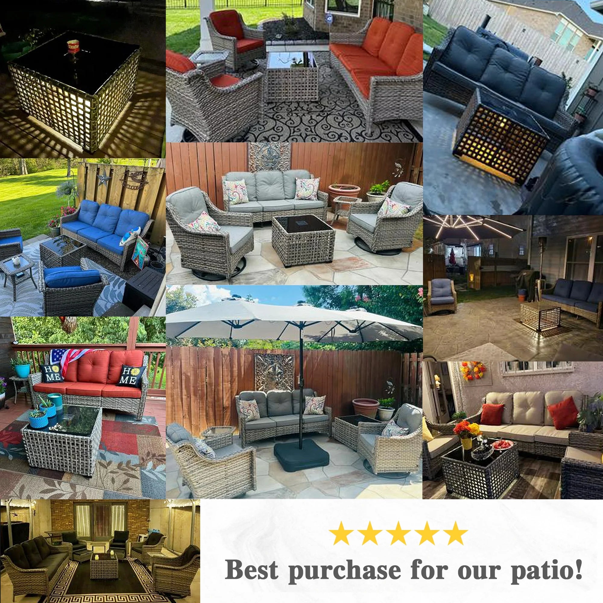 5 Pieces Outdoor Patio Furniture Set High-Back Rattan Wicker Conversation Set Outdoor Sectional with Swivel Chairs & Solar Light Coffee Table, Denim Blue