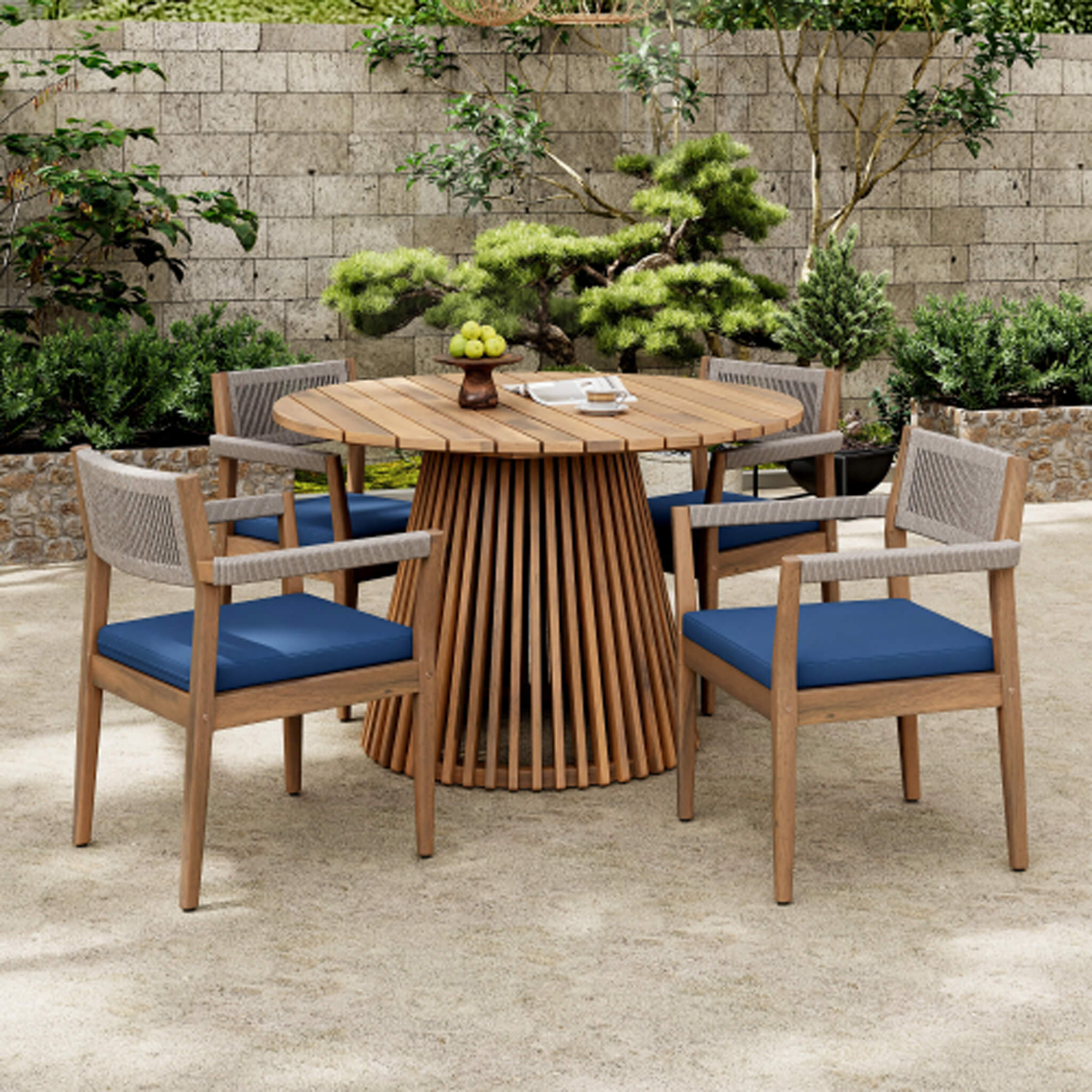 5-Piece Acacia Wood Outdoor Dining Set with Braided Chairs & Cushions | Alora