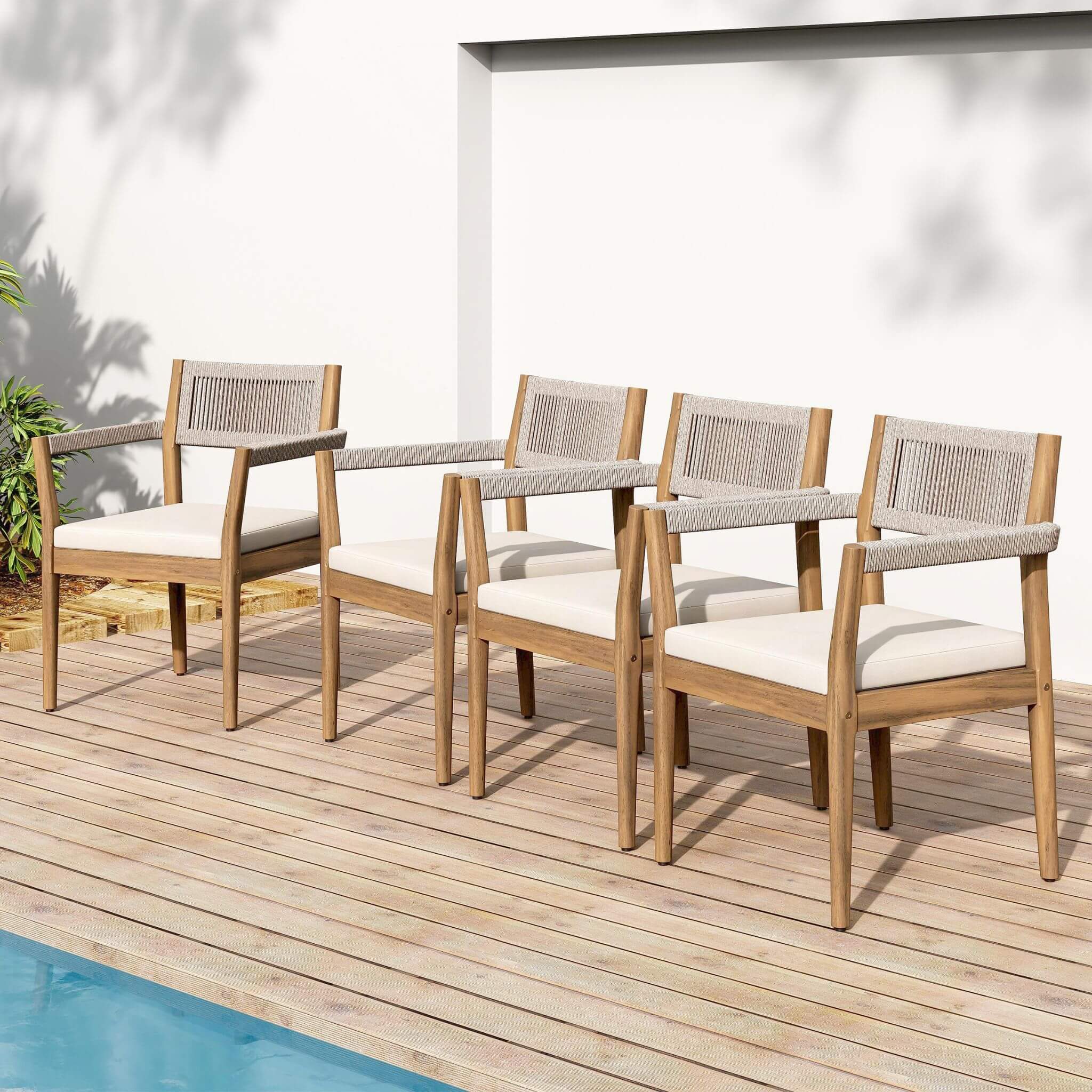 5-Piece Acacia Wood Outdoor Dining Set with Braided Chairs & Cushions | Alora
